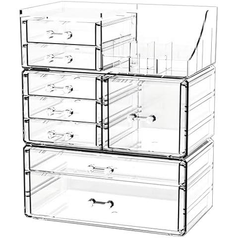 Cq acrylic 3 Pack Clear Make Up Organizers for Vanity,Stackable 8 Drawers Skincare Organizer,Cosmetic Storage Organizer for Jewelry,Brush,Skin Care,Beauty Product Dresser Acrylic Drawer Organizer Cover
