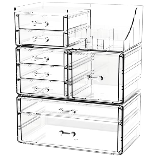 Acrylic Clear Makeup Organizer Countertop,Stackable Skincare Organizer for Vanity With 8 Drawers,Large Plastic Desk Accessories Organization,Bathroom Cosmetic Organizer Countertop for Beauty,Skin Care