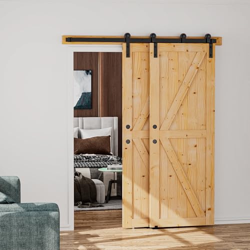 SKYSEN 30in x 84in Double Sliding Barn Doors with 6FT Single Track Bypass Barn Door Hardware Kit,...