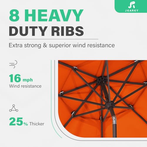 Image of JEAREY 9FT 3 Tier Patio Umbrella Outdoor Market Umbrella Table Umbrellas with 8 Ribs 1.5 Pole Push Button Tilt and Crank UV Protection for Garden,Orange