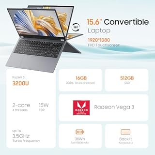 EYY 2 in 1 Laptop Computer, 15.6" 16GB DDR4 512GB SSD Touchscreen Notebook, AMD Ryzen R3 3200U(Up to 3.5 GHz), Radeon Vega 3, 1920x1080 FHD Display, Win 11 Pro, WiFi, BT5.1 RJ45, Blacklit Keyboard