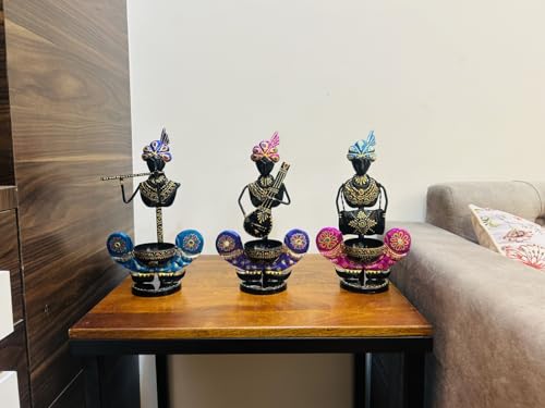 Image of OVIK Metal Multicolor Musician Set of 3 with T-Light Stand Playing Musical Instrument Idol Handpainted Figurine Showpiece for Home Decor Tv Unit Living Room Office Decor (Each Size 7x12 Inch)