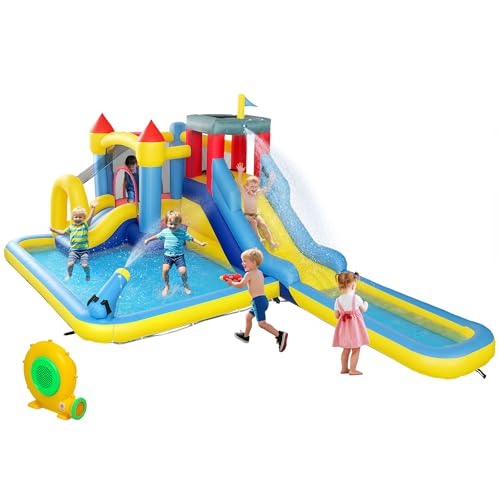 AIYAPLAY Château Gonflable avec soufflerie 6 en 1 Parc Aquatique Structure Gonflable, toboggans, Trampoline, Mur d'escalade, Canon, Panier de Basket,...
