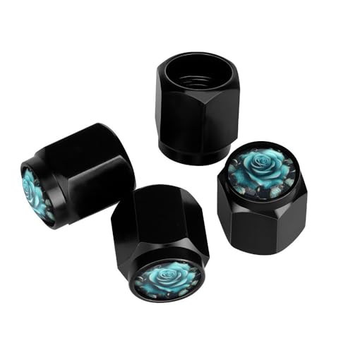 Buyidec Blue Rose Tire Valve Stem Caps Aluminum Black Stem Tire Valve Caps Universal Stem Covers for Cars SUVs Trucks Bikes Motorcycles Bicycles (4 Pack)