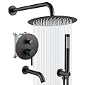 gotonovo Shower System with Tub Spout Wall Mount 3 Function Rough-in Valve Bathtub Shower Faucets Set Complete Rain 10 Inch Round Showerhead Trim Kit Combo, Cylindrical Handheld, Matte Black