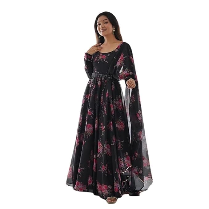 Image of DIGAMBARA Digital Floral Printed Georgette Anarkali Gown for Women, Full Sleeves, Fit and Flare Dresses with Dupatta for Womens and Girls, Black