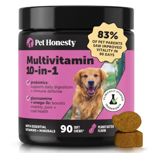 10-in-1 Dog Multivitamin Supplement with Glucosamine & Probiotics - Hip & Joint Support, Digestive Health, Immune Support, Heart & Skin - All-in-One Daily Vitamins & Omega-3s (Peanut Butter, 90 ct)