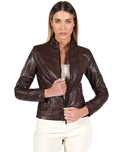 Women's Italian Leather Jacket Brown vintage Cropped Biker Genuine Leather
