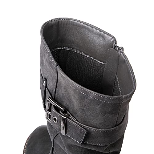 Image of GLOBALWIN Chunky Mid Calf Fashion Dressy Motocycle Biker Military Style Combat Boots for Women Low Heel