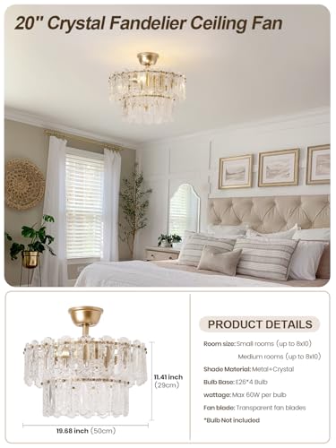 Image of Gold Crystal Fandelier Ceiling Fan with Light, 20 inch Caged Chandelier Ceiling Fan with Light Remote Control, Mid-Century Enclosed 6 Speeds for Bedroom, Nursery, Living Room, Foyer