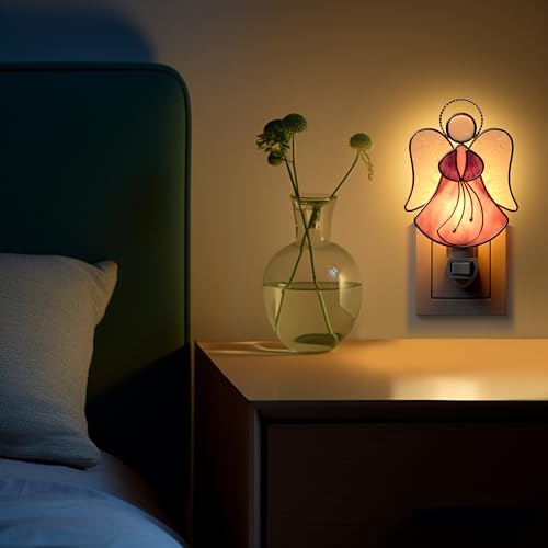 Image of Stained Glass Pink Guardian Angel Night Lights Plug into Wall | Plug in Night Light In Wall Socket Decorative Nightlight for Bedroom Hallway,Mothers Day Gifts for Mom Birthday Christmas