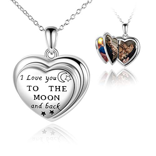 lockets for Women That Hold Pictures Sterling Silver Engraved I Love You to The Moon and Back 4 Photo Heart Locket Necklace Love Memory Jewelry Gifts for Women Girl