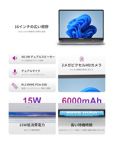 undefined ノートパソコン 16GBメモリ+512GB SSD 【AMD Ryzen 5 3550H 最大3.7GHz N150より速い】ノートパソコン 16インチ 1920×1200 IPS液晶 Windows 11 Pro、ノートPC USB3.0+Type-C+高速放熱+静音 デスクトップpc WIFI5/BT5.0/HDMI/TFカード対応/テンキー付き/日本語キーボードカバー の商品画像 1