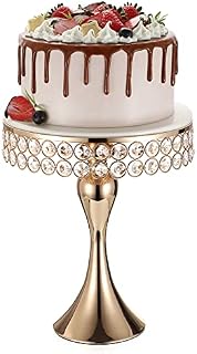 SUMNACON Gold Metal Cake Display Stand Cake Holder Pedestal with Round Mirror Top Plate, 25cm Dessert Stand Cupcake Stand with Crystal Beads for Wedding Party Birthday Party 
