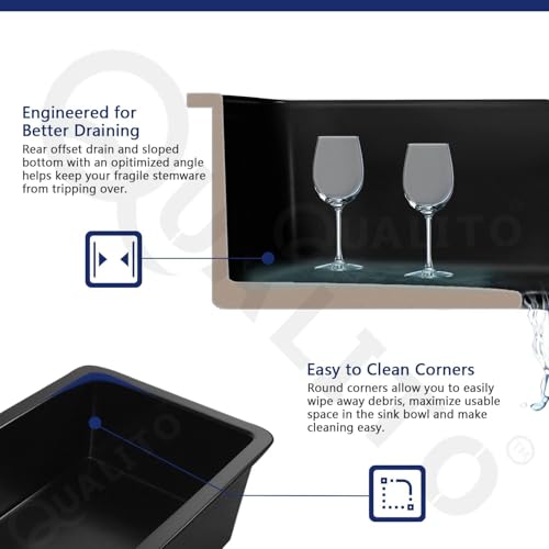 Image of Qualito Granite Quartz Kitchen Sink 31x19 Inch Black | Single Big Bowl Modern Sink | Matt Finish Kitchen Sink with Sink Coupling and Sink Waste Pipe | Sink for Kitchen (31x19 Inch Black)
