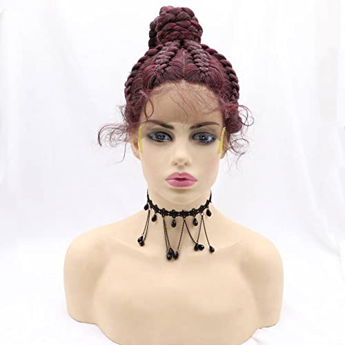 Xiweiya Wigs Burgundy Color 8Braids Synthetic Braid Lace Front Wigs For Women Hair 100% HandMade Synthetic High Ponytails Lace Braids Wig - Image 2