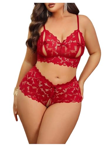 Image of MakeMeChic Women's Plus Size Lingerie Sets Contrast Lace Cut Out Wireless Bra and Panty Set
