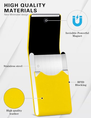 Image of Padike Professional Business Card Holder PU Leather Business Card Case Name Card Holder Slim Metal Pocket Card Holder with Magnetic Shut (Y-Yellow)