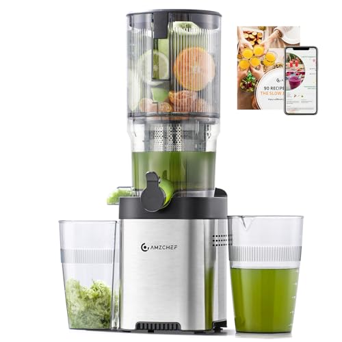 AMZCHEF Cold Press Juicer, 5.2" Juicer Machines with Large Feed Chute for Whole Fruits & Vegetables, Stainless Steel Juice Extractor with Large Auger, Triple Strainers, Easy Cleanup & Assembly