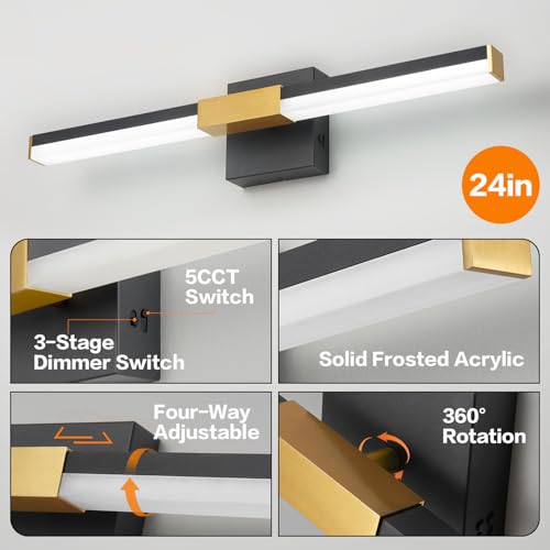 Image of SOLFART Bathroom Light Fixtures 5CCT: Black and Gold 24-Inch LED Bar Dimmable Detachable 4-Way Light Direction Vanity Lights for Bathroom ETL IP44