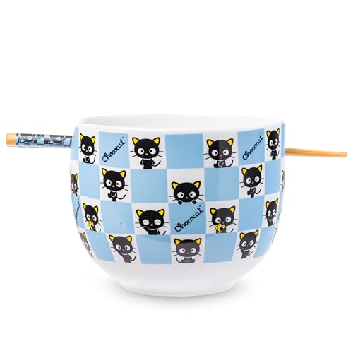 Silver Buffalo Hello Kitty and Friends Chococat Checkered Pattern Ceramic Ramen Noodle Rice Bowl with Chopsticks, Microwave Safe, 20 Ounces