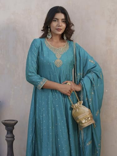 Image of Kaari Women's Embroidered Kurta Set with Dupatta - Festive Kurta Set for Women Polyester Blend
