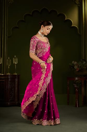 Image of DESTY Saree with Intricate Gold Embroidered Border & Designer Blouse