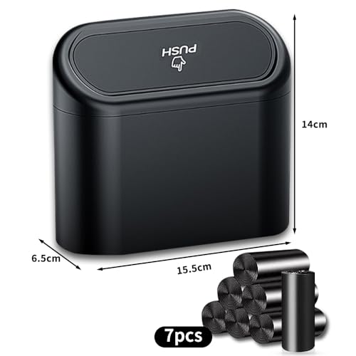 Coztie Mülleimer Auto mit 105 Stück Müllsäcke, Automülleinmer, Mülleimer Klein, Automülleinmer Mit Deckel, Accessoires für Familie Büro Küche Autos Vordersitz Zubehör 15,5 x 6,5 x 14 cm Schwarz