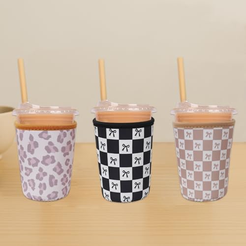 Image of Reusable Insulated Neoprene Iced Coffee Cup Sleeve, Durable Drink Sleeve for Cold Beverages, Beverage Holder for Iced Coffee, Caramel Checkered Bows