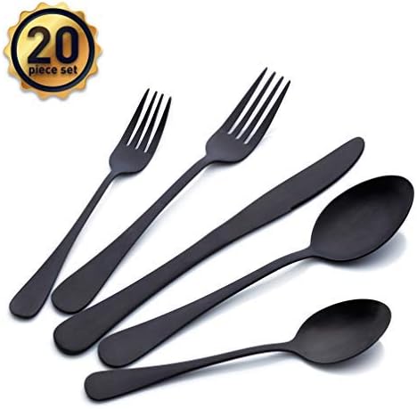 Vilerve - Matte Black Silverware Set – 20-Piece Black Stainless Steel Silverware – Luxury and Modern Design Black Flatware Set – 5 Dinner Utensils – Includes Elegant Box Package