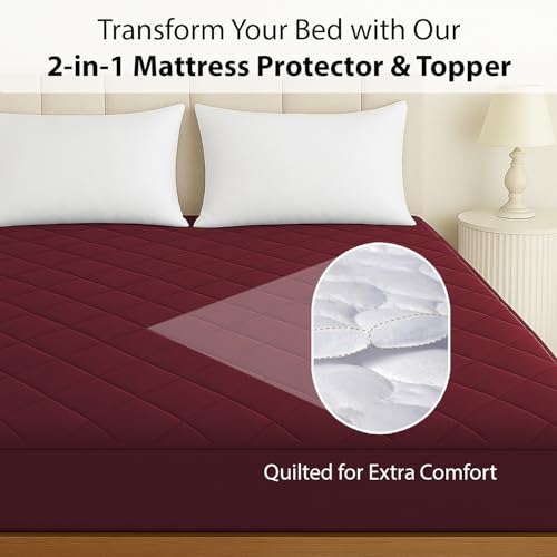 Image of Homestan 100% Waterproof Cotton Quilted Mattress Protector Single Bed, Elastic Fitted Bed Mattress Cover Protects from Dust & Mites (72x36 inches, Maroon)