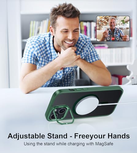 Image of FNTCASE for iPhone 15 Phone Case: Strong Magnetic Slim Matte Protective Case with Kickstand | Shockproof Drop Full Protection Anti-Fingerprint Thin Translucent Frosted Cover(Green)