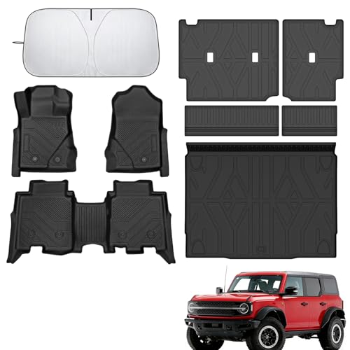 Runine Floor Mats for Ford Bronco 4-Door 2021-2024 2025 2026(Not for 2 Door&Sport) Cargo Liner Set Heavy Mud & Off-Road Protection with 3D Waterproof High-Edge & Anti-Slip Retention System