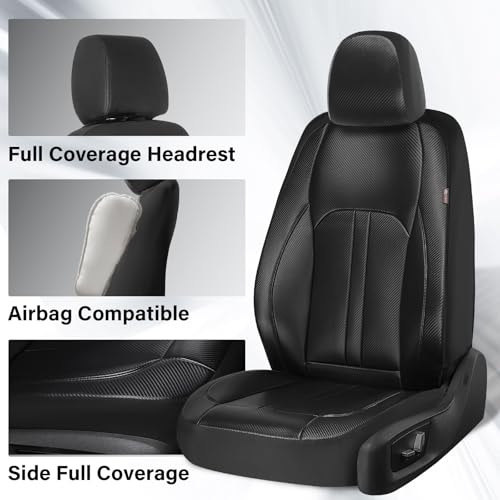 Image of Coverado Leather Car Seat Covers Front Seats & Carbon Fiber, Waterproof and Durable All Weather Protector, Universal Fit for SUV, Pickup Truck, Sedan, Automotive Vehicle Interior (Black)