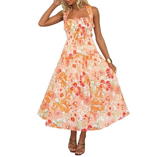 Robe d'été bohème sans manches col licou avec buste smocké ajustable