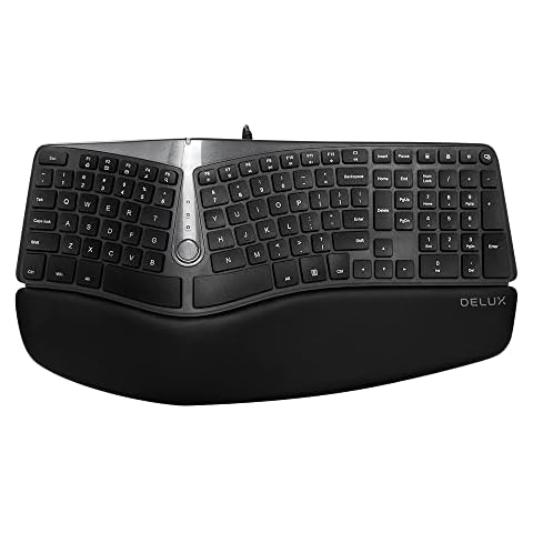 DELUX Wired Ergonomic Keyboard, Integrated Design of Keyboard and Wrist Rest, 107 Keys,8 Million Clicks Key Lifespan,Natural Typing, Rechargeable, for Windows8 /10 / Mac OS/Android(GM901U Black) Cover