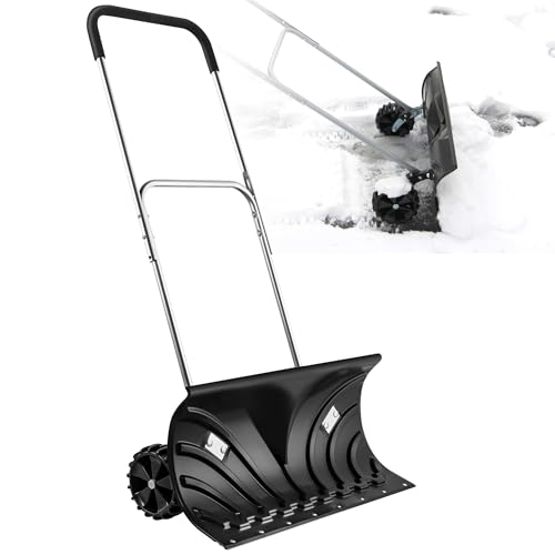 SHANTRA Wheeled Snow Shovel, Rolling Snow Pusher 26-in Heavy Duty Adjustable Snow Push Plow on Wheels Snow Removal Tool for Driveway, Pavement or Path