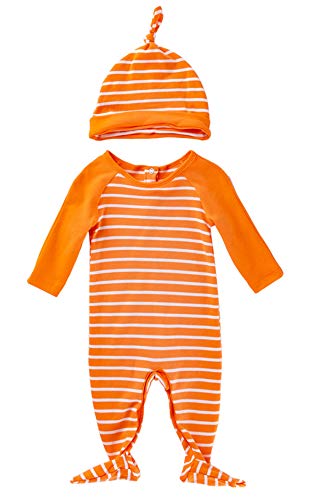 Unisex Toddler Baby 2 Piece Footie and Cap Set Striped Footed Pajamas Organic Cotton Sleep and Play (Orange, 0-3 M)