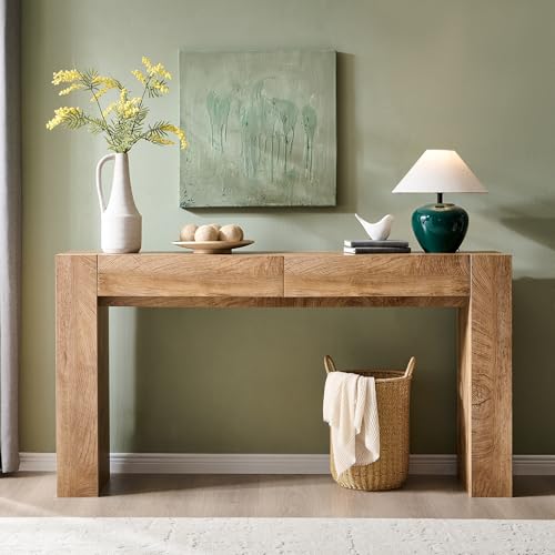 OKD Modern Entryway Console Table, Sofa Table with Drawers, 63\" Long Hall Table Behind Couch, Thick Wood Design for Living Room, Hallway - Light Knotty Oak