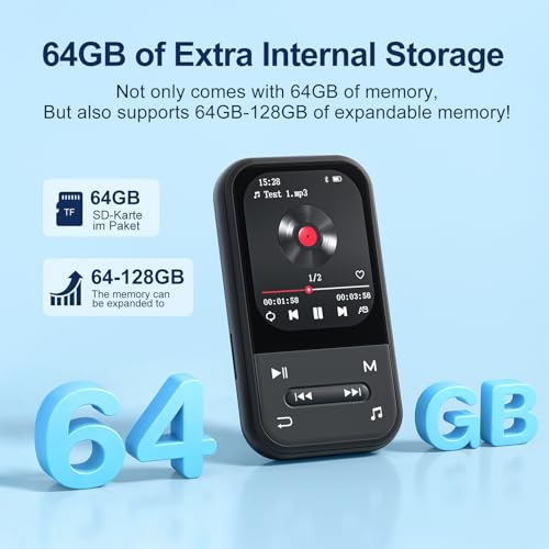 Image of 64GB Clip MP3 Player with Bluetooth 5.3, Music Player with FM Radio & Voice Recorder, E-Book, Portable Music Player Running & Workout, Supports up to 512GB, Earphones Included
