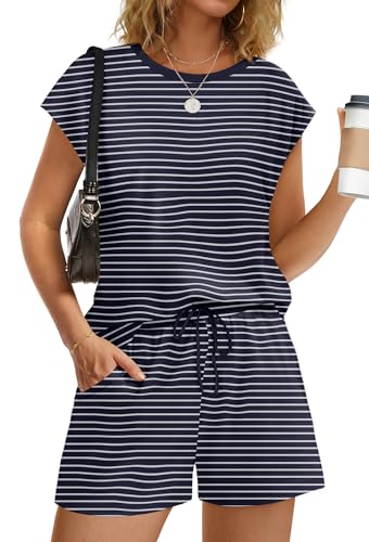 Image of WIHOLL Two Piece Sets for Women Summer Crew Neck Lounge Short Sets Cap Sleeve Drawstring Sweatsuit with Pocket