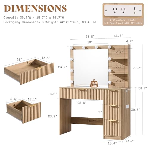 Image of AMERLIFE 36.2 inch Fluted Vanity Desk with Mirror and Adjustable LED Lights, Large 4 Drawers Makeup Table with Glass Top and Charging Station for Women and Girls, Bedroom or Dorm, Natural Oak