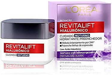 L'Oréal Paris Revitalift Hialurônico Creme Facial Noturno, com Ácido Hialurônico Puro, Com textura leve, preenche linhas de expressão e hidrata a pele intensamente por 24h, 49g