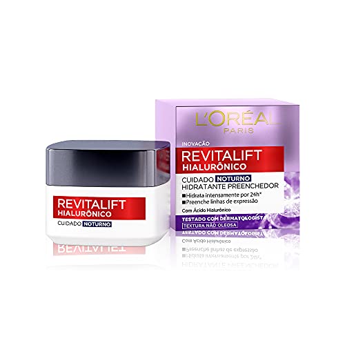 L'Oréal Paris Revitalift Hialurônico Creme Facial Noturno, com Ácido Hialurônico Puro, Com textura leve, preenche linhas de expressão e hidrata a pele intensamente por 24h, 49g