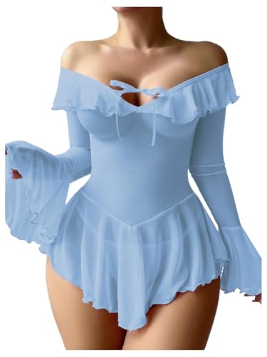 Image of OYOANGLE Women's 2 Piece Off Shoulder Long Sleeve Ruffle Mesh Sheer Nightgowns with Thongs Babydoll Lingerie Set
