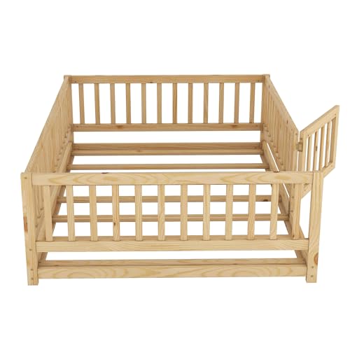 Image of Bellemave Full Size Montessori Floor Bed with Door & Slats, Solid Wood Kids Floor Bed Frame with High Safety Fence, Low Profile Bed for Boys & Girls, Natural
