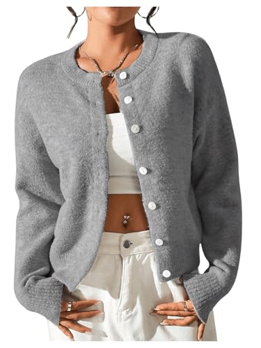 Image of SweatyRocks Women's Fall Button Down Lightweight Cardigan Ribbed Knit Long Sleeve Crew Neck Sweater