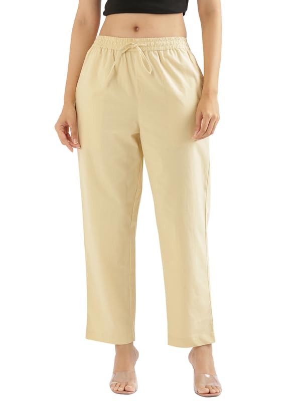 Image of SAADAA Cotton Straight Pants for Women | Breathable Everyday Wear Trousers | Drawstring, Deep Pockets & Elastic Waistband | Casual & Comfortable Fit