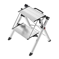 Hailo MK80 ComfortLine Alu-Klapptritt-Leiter - 2 große Stufen bis 150 kg - Komfort-Trittleiter mit Tragegriff mit integrierter Entriegelungsfunktion - Füße mit Soft-Grip-Sohle - rostfrei - Silber