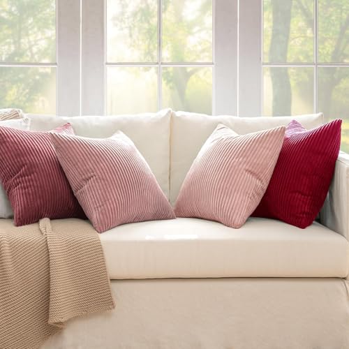 Image of MIULEE Boho Farmhouse Throw Pillow Covers 20x20 Inch Set of 4 Romantic Decorative Cushion Covers Spring Corduroy Home Decor for Feminine Valentines Couch Bed Sofa Living Room Aesthetic Pink
